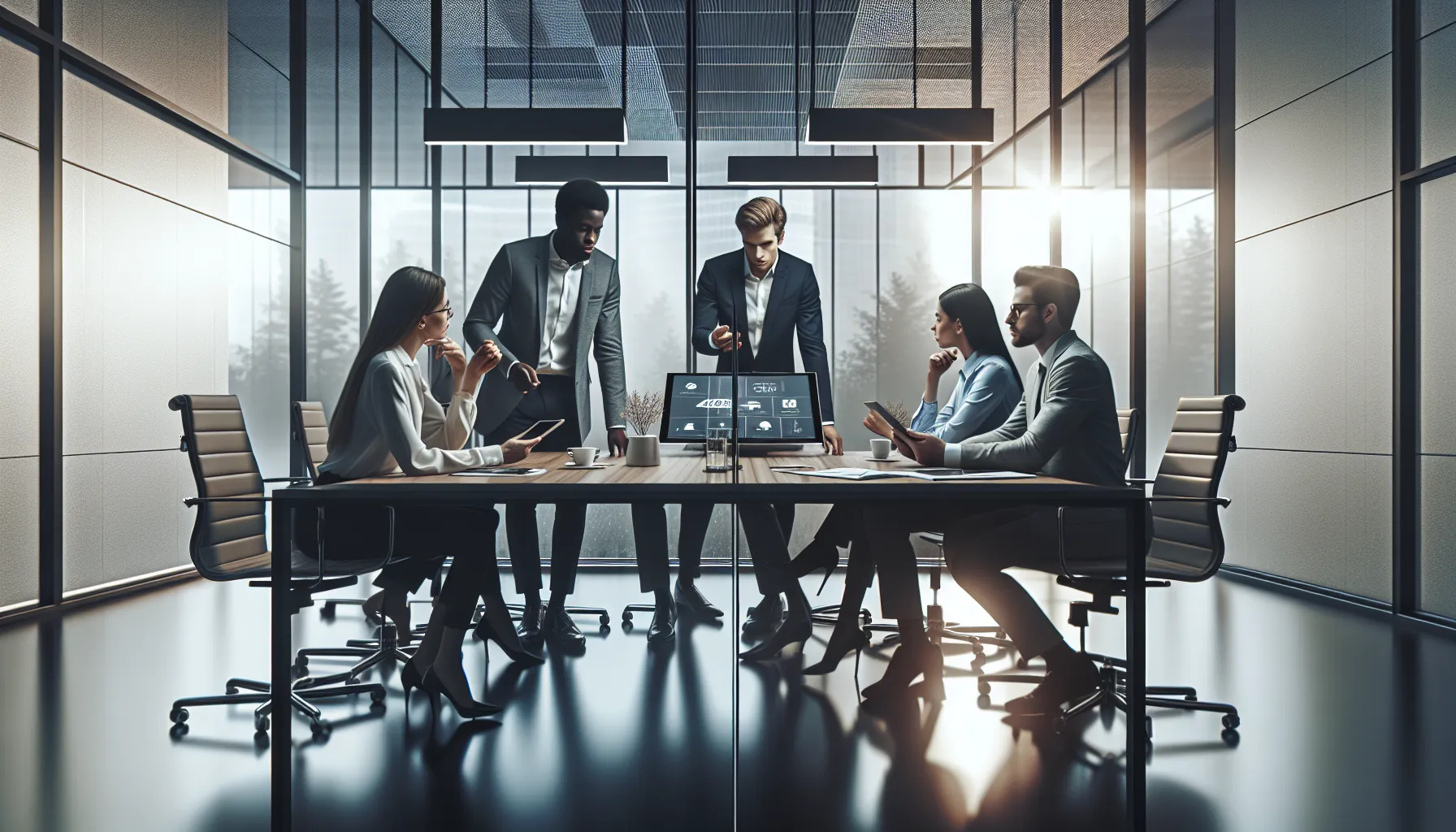 diverse team discussing a digital number in a modern office.