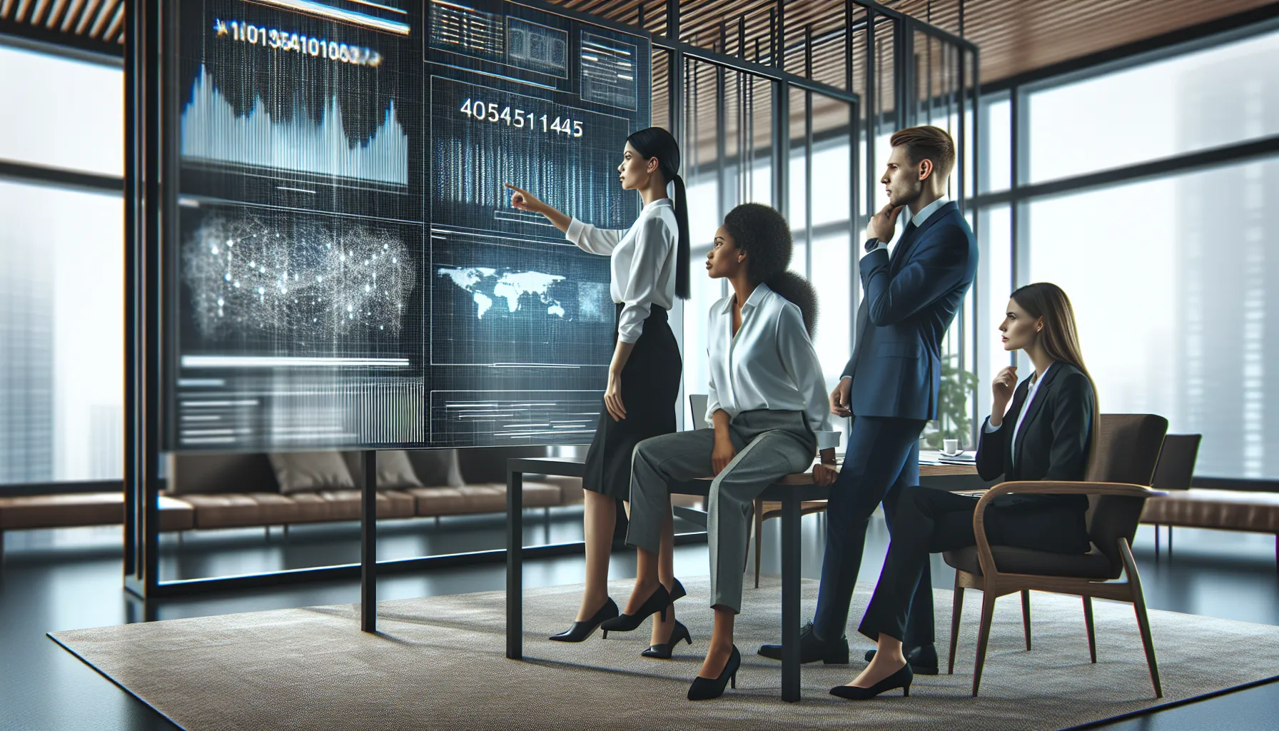 diverse team analyzing data in a modern office.