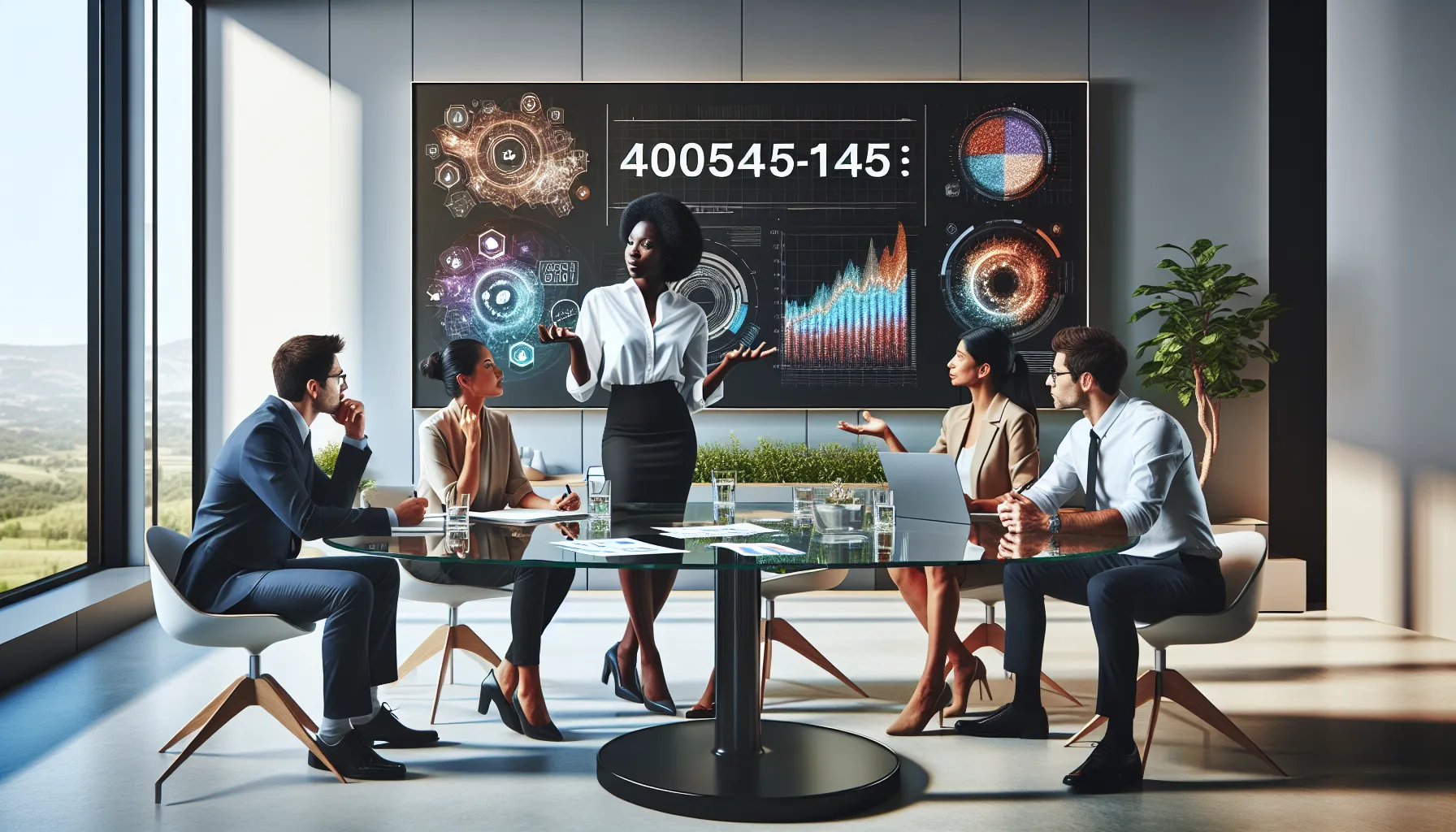 diverse professionals discussing data interpretation in a modern office.